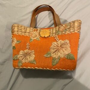 Orange Floral Woven Straw Purse